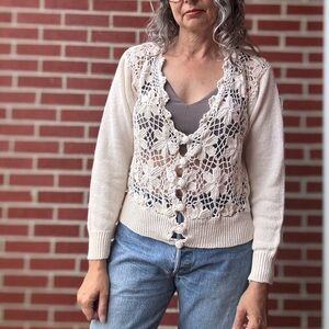 Cream Crochet Button-Up Cardigan